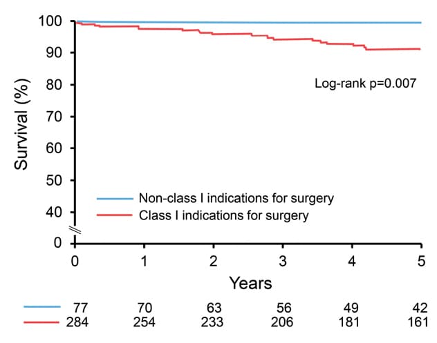 Survival after aortic valve surgery according to indication