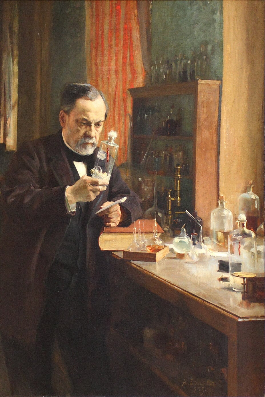 El Dr. Louis Pasteur en su laboratorio sostiene un frasco
