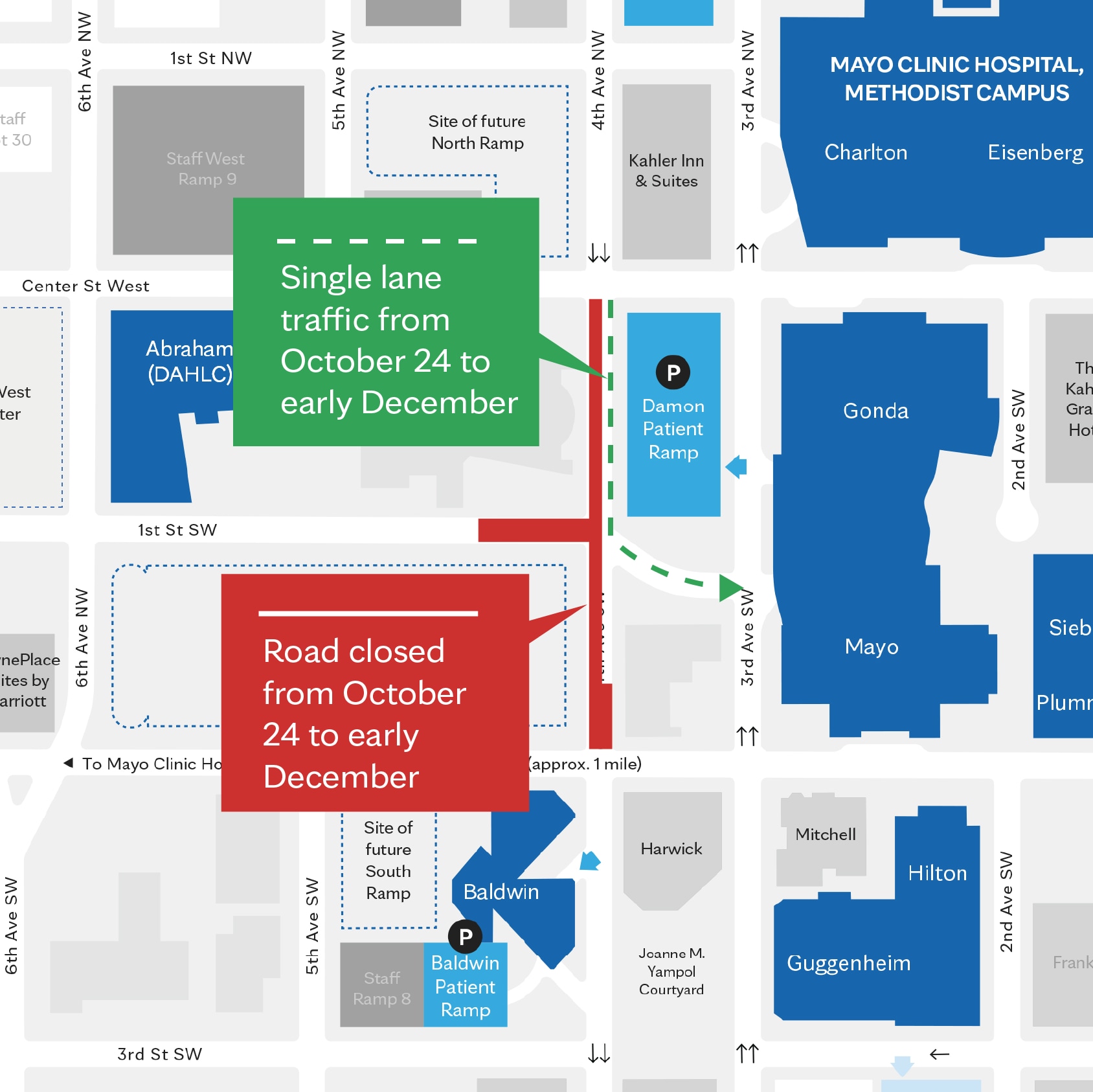 Mapa del trabajo de construcción en Mayo Clinic en Rochester