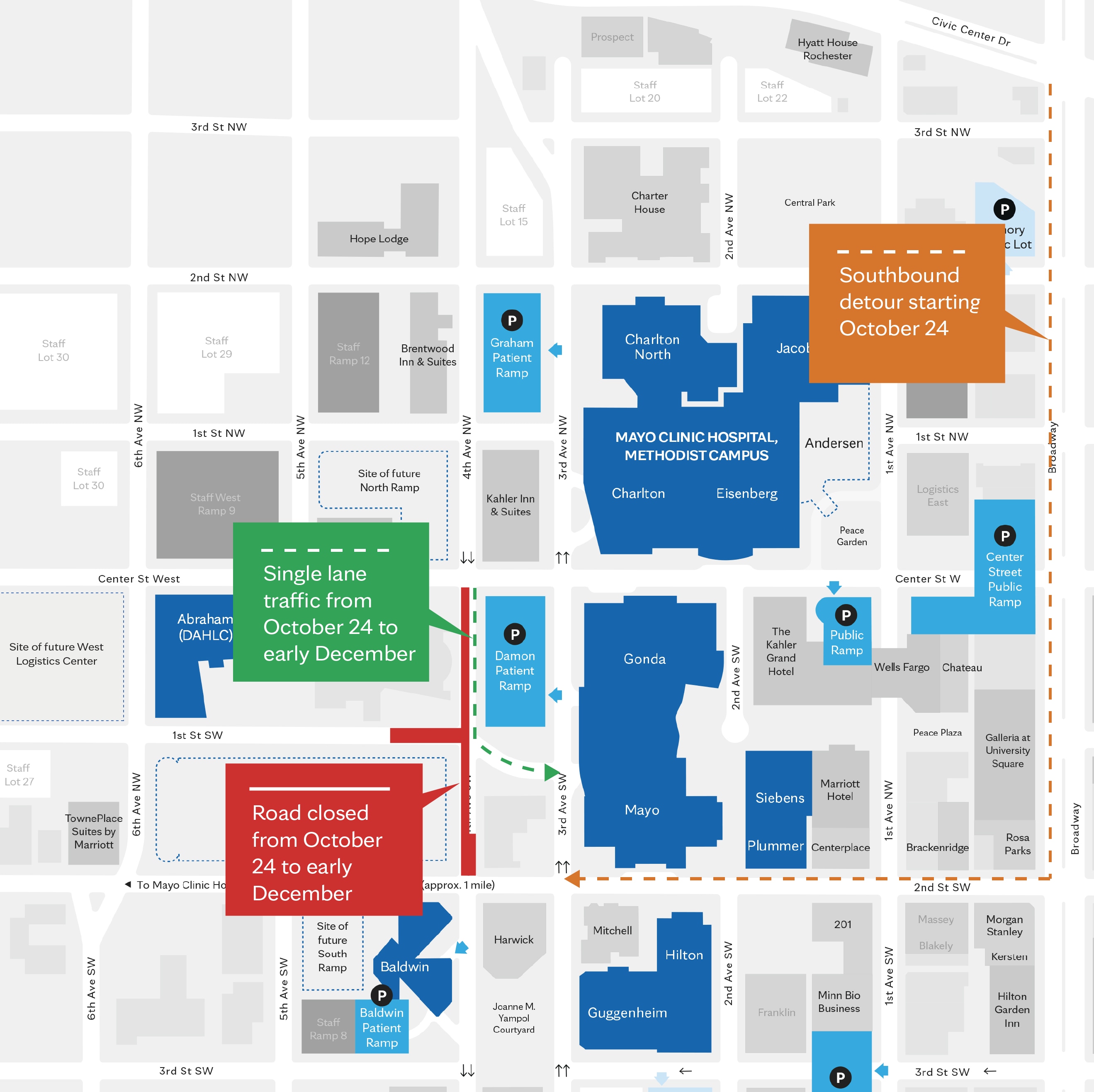 Mapa del trabajo de construcción en Mayo Clinic en Rochester